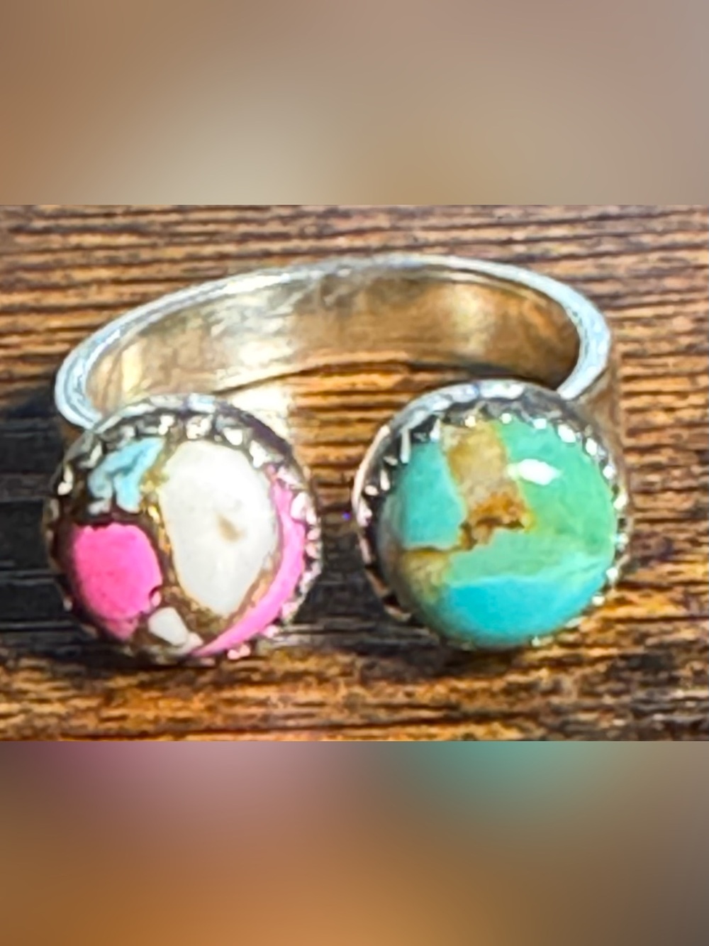 Sterling Double Stone Adjustable Ring with Royston and Cotton Candy Turquoise